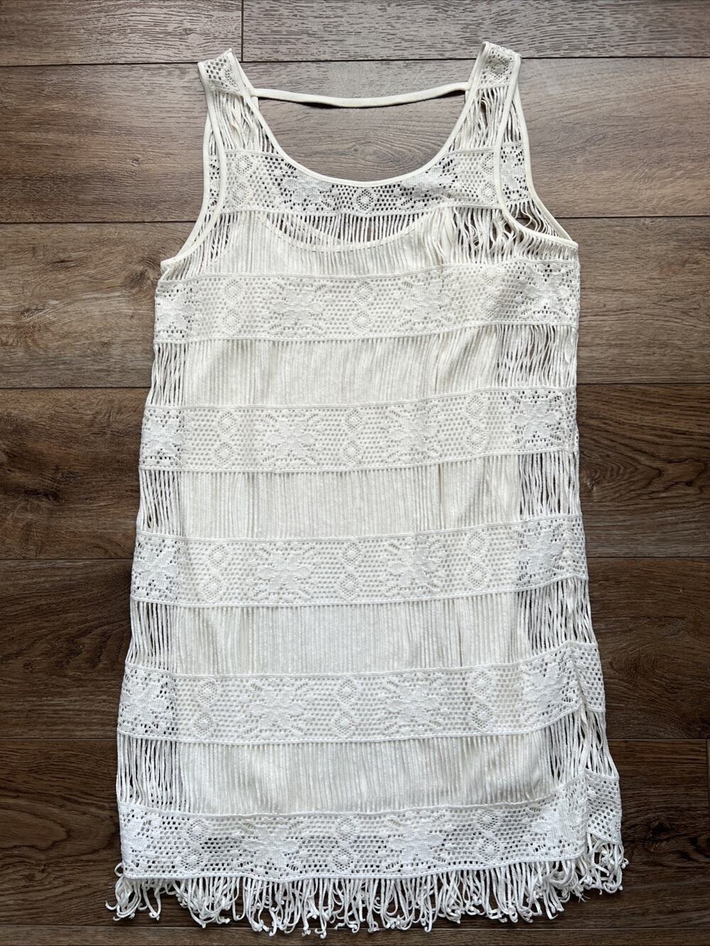 American Eagle Crochet Dress Womens Small Cream Sleeveless Fringe Boho Festival